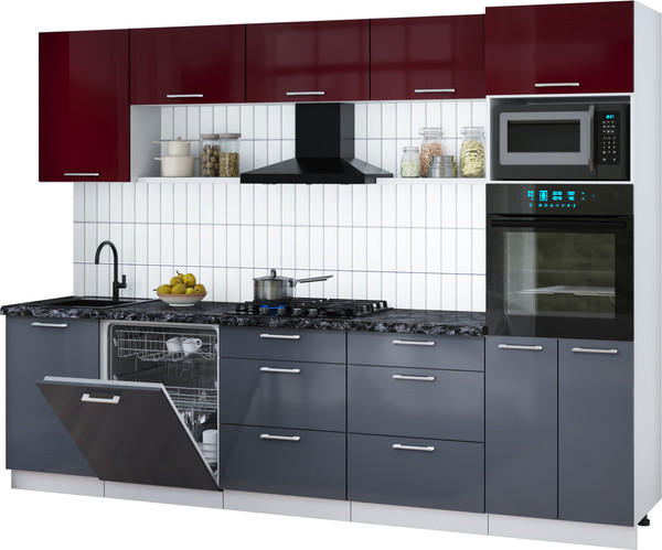 Изображение товара Кухонный гарнитур Интерлиния Мила Gloss 2.9-ПМ1 (асфальт глянец/бордовый глянец/кастилло темный)