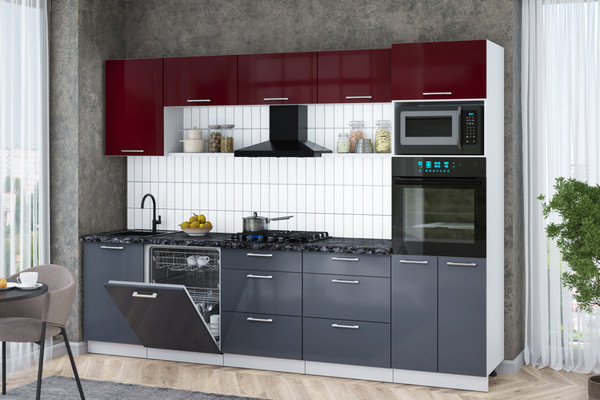 Изображение товара Кухонный гарнитур Интерлиния Мила Gloss 2.9-ПМ1 (асфальт глянец/бордовый глянец/кастилло темный)