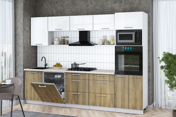 Изображение товара Кухонный гарнитур Интерлиния Мила Gloss 2.9-ПМ1 (дуб вотан/белый глянец/травертин серый)