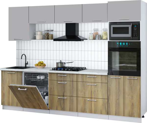 Изображение товара Кухонный гарнитур Интерлиния Мила Gloss 2.9-ПМ1 (дуб вотан/грей/серый каспий)
