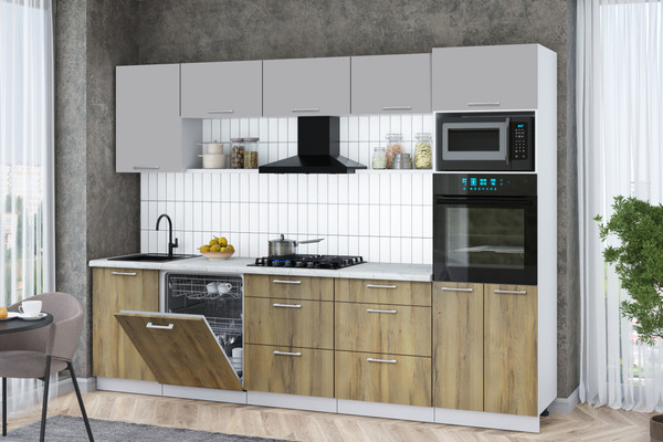 Изображение товара Кухонный гарнитур Интерлиния Мила Gloss 2.9-ПМ1 (дуб вотан/грей/серый каспий)