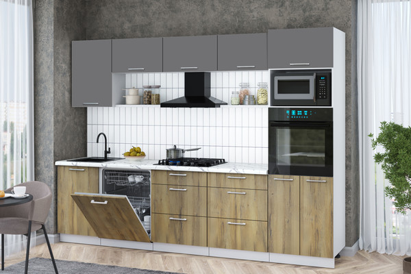 Изображение товара Кухонный гарнитур Интерлиния Мила Gloss 2.9-ПМ1 (дуб вотан/серый/белый гранит)