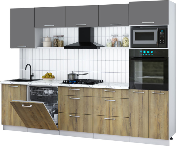 Изображение товара Кухонный гарнитур Интерлиния Мила Gloss 2.9-ПМ1 (дуб вотан/серый/белый гранит)