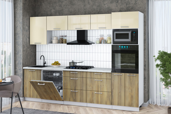 Изображение товара Кухонный гарнитур Интерлиния Мила Gloss 2.9-ПМ1 (дуб вотан/ваниль глянец/серый каспий)