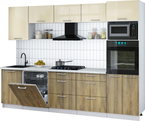 Изображение товара Кухонный гарнитур Интерлиния Мила Gloss 2.9-ПМ1 (дуб вотан/ваниль глянец/серый каспий)