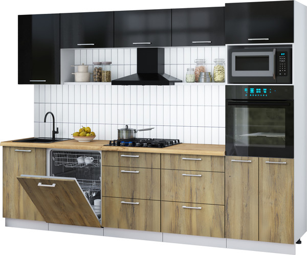 Изображение товара Кухонный гарнитур Интерлиния Мила Gloss 2.9-ПМ1 (дуб вотан/черный глянец/дуб бунратти)