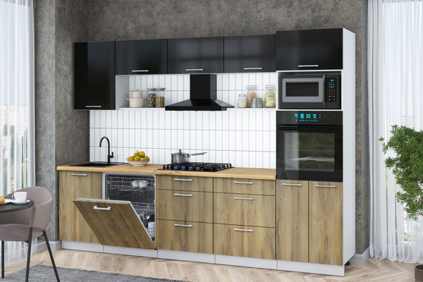 Изображение товара Кухонный гарнитур Интерлиния Мила Gloss 2.9-ПМ1 (дуб вотан/черный глянец/дуб бунратти)