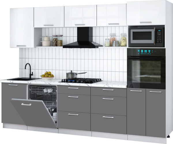 Изображение товара Кухонный гарнитур Интерлиния Мила Gloss 2.9-ПМ1 (серый/белый глянец/белый гранит)