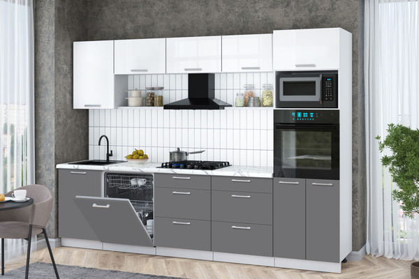 Изображение товара Кухонный гарнитур Интерлиния Мила Gloss 2.9-ПМ1 (серый/белый глянец/белый гранит)