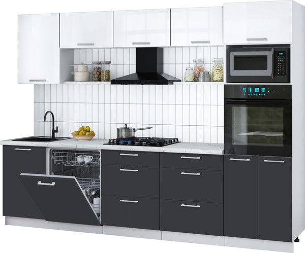 Изображение товара Кухонный гарнитур Интерлиния Мила Gloss 2.9-ПМ1 (пепел/белый глянец/серый каспий)