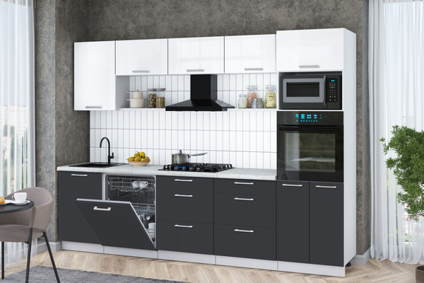 Изображение товара Кухонный гарнитур Интерлиния Мила Gloss 2.9-ПМ1 (пепел/белый глянец/серый каспий)