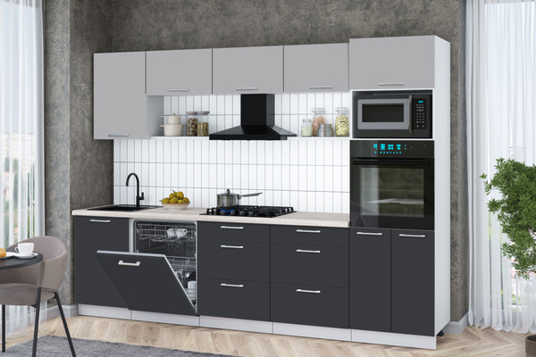 Изображение товара Кухонный гарнитур Интерлиния Мила Gloss 2.9-ПМ1 (пепел/грей/травертин серый)