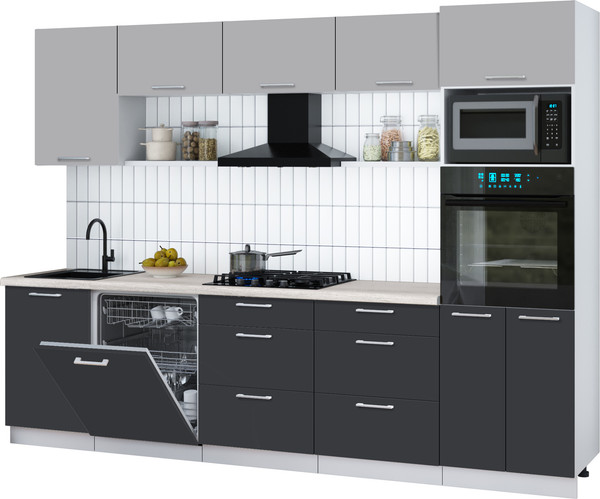 Изображение товара Кухонный гарнитур Интерлиния Мила Gloss 2.9-ПМ1 (пепел/грей/травертин серый)