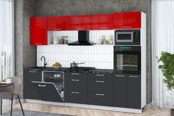 Изображение товара Кухонный гарнитур Интерлиния Мила Gloss 2.9-ПМ1 (пепел/красный глянец/кастилло темный)