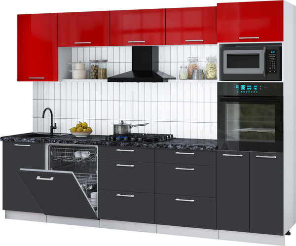 Изображение товара Кухонный гарнитур Интерлиния Мила Gloss 2.9-ПМ1 (пепел/красный глянец/кастилло темный)