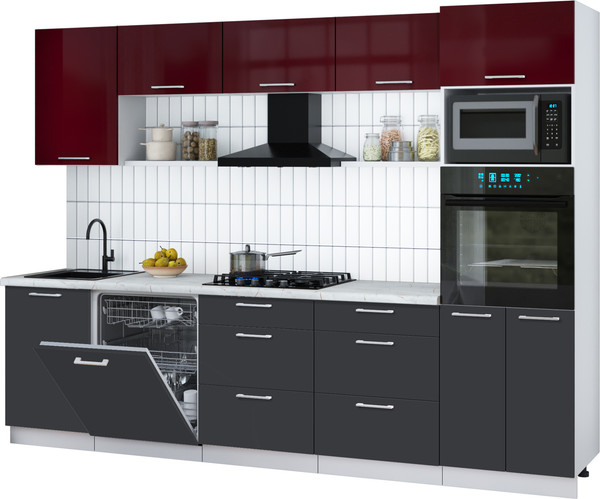 Изображение товара Кухонный гарнитур Интерлиния Мила Gloss 2.9-ПМ1 (пепел/бордовый глянец/серый каспий)