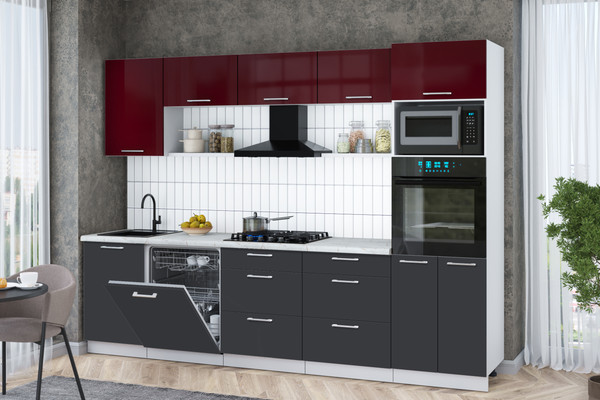 Изображение товара Кухонный гарнитур Интерлиния Мила Gloss 2.9-ПМ1 (пепел/бордовый глянец/серый каспий)