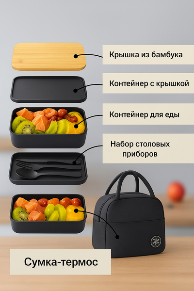 Изображение товара Ланч-бокс Sundays Home С сумкой / TBD0604492703 (1200мл, черный)