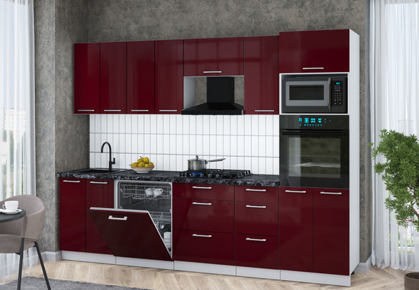 Изображение товара Кухонный гарнитур Интерлиния Мила Gloss 2.8-ПМ1 (бордовый глянец/бордовый глянец/кастилло темный)