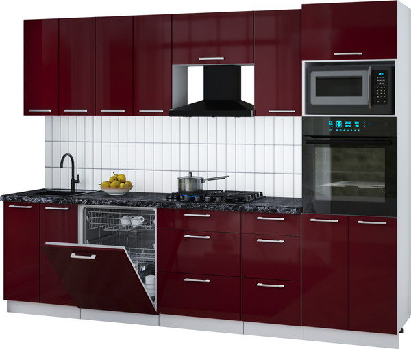 Изображение товара Кухонный гарнитур Интерлиния Мила Gloss 2.8-ПМ1 (бордовый глянец/бордовый глянец/кастилло темный)