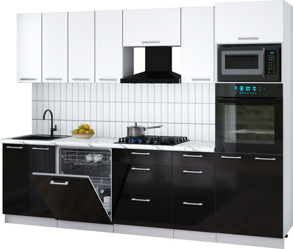 Изображение товара Кухонный гарнитур Интерлиния Мила Gloss 2.8-ПМ1 (черный глянец/белый/белый гранит)