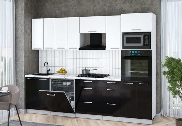 Изображение товара Кухонный гарнитур Интерлиния Мила Gloss 2.8-ПМ1 (черный глянец/белый/белый гранит)