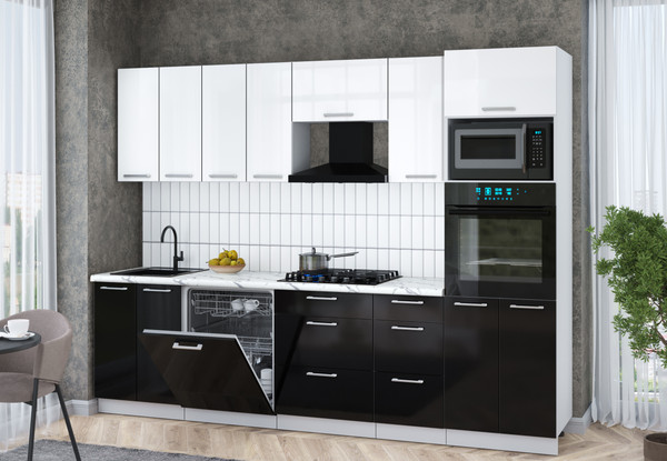 Изображение товара Кухонный гарнитур Интерлиния Мила Gloss 2.8-ПМ1 (черный глянец/белый глянец/белый гранит)