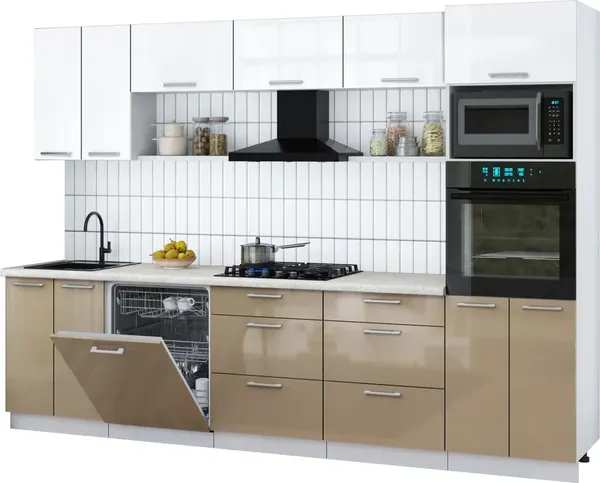 Изображение товара Кухонный гарнитур Interline Мила Gloss 3.0-ПМ1 (капучино глянец/белый глянец/опал светлый)