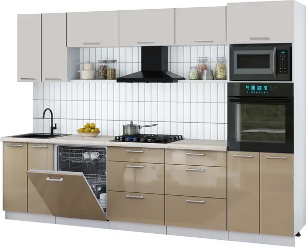 Изображение товара Кухонный гарнитур Interline Мила Gloss 3.0-ПМ1 (капучино глянец/кашемир/травертин серый)