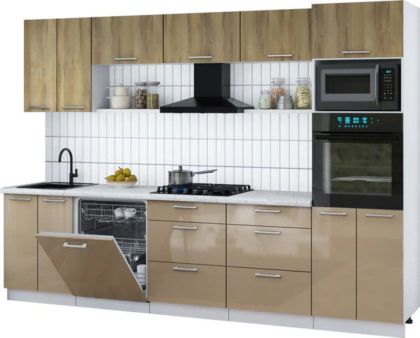 Изображение товара Кухонный гарнитур Интерлиния Мила Gloss 3.0-ПМ1 (капучино глянец/дуб вотан/серый каспий)