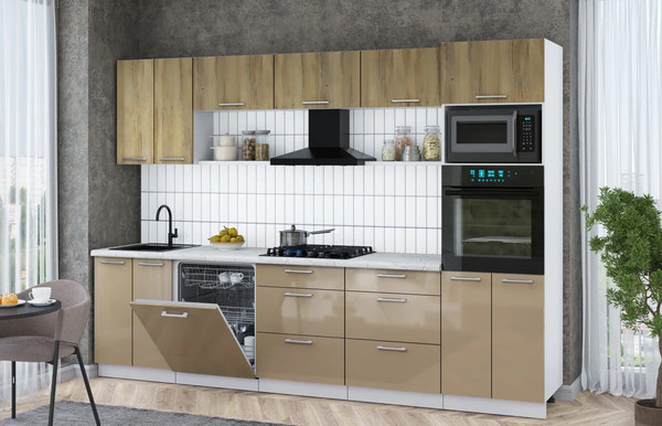 Изображение товара Кухонный гарнитур Интерлиния Мила Gloss 3.0-ПМ1 (капучино глянец/дуб вотан/серый каспий)