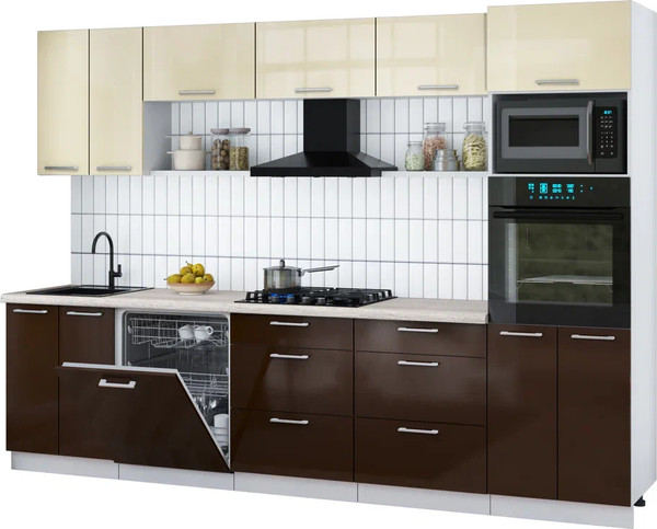 Изображение товара Кухонный гарнитур Интерлиния Мила Gloss 3.0-ПМ1 (шоколад глянец/ваниль глянец/травертин серый)