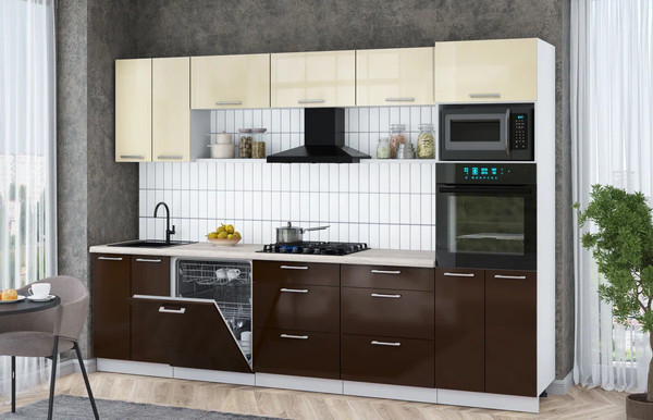 Изображение товара Кухонный гарнитур Интерлиния Мила Gloss 3.0-ПМ1 (шоколад глянец/ваниль глянец/травертин серый)