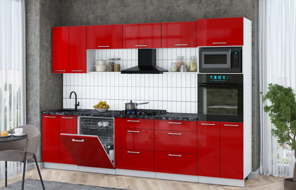 Изображение товара Кухонный гарнитур Интерлиния Мила Gloss 3.0-ПМ1 (красный глянец/красный глянец/кастилло темный)