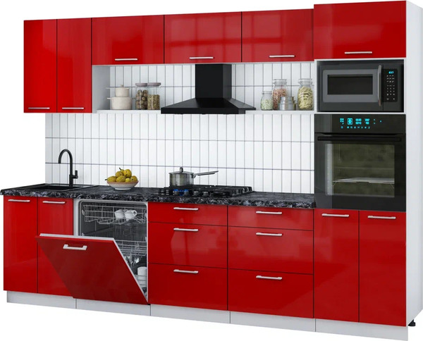 Изображение товара Кухонный гарнитур Интерлиния Мила Gloss 3.0-ПМ1 (красный глянец/красный глянец/кастилло темный)