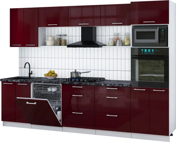 Изображение товара Кухонный гарнитур Интерлиния Мила Gloss 3.0-ПМ1 (бордовый глянец/бордовый глянец/кастилло темный)
