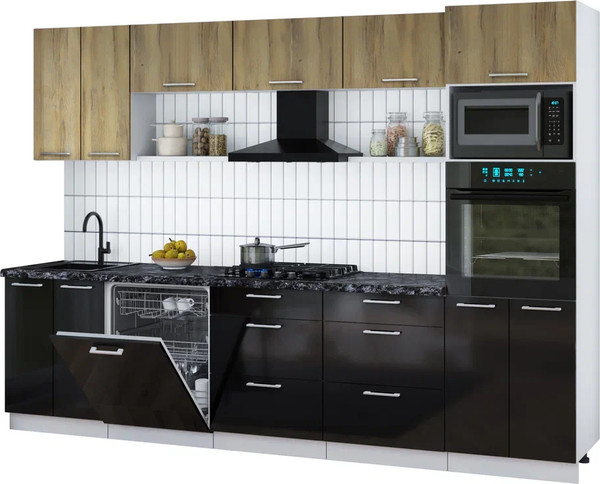 Изображение товара Кухонный гарнитур Интерлиния Мила Gloss 3.0-ПМ1 (черный глянец/дуб вотан/кастилло темный)