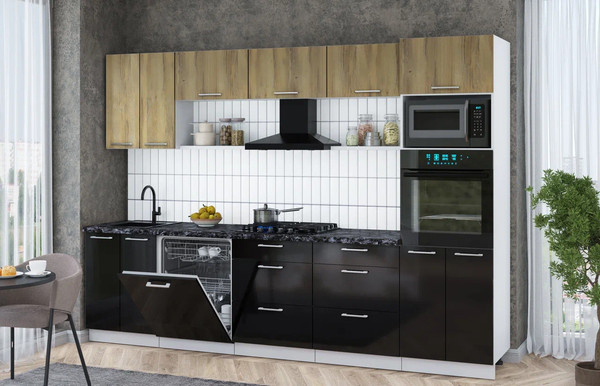 Изображение товара Кухонный гарнитур Интерлиния Мила Gloss 3.0-ПМ1 (черный глянец/дуб вотан/кастилло темный)