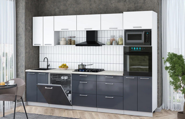 Изображение товара Кухонный гарнитур Интерлиния Мила Gloss 3.0-ПМ1 (асфальт глянец/белый/опал светлый)