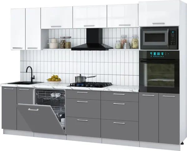 Изображение товара Кухонный гарнитур Interline Мила Gloss 3.0-ПМ1 (серый/белый глянец/белый гранит)