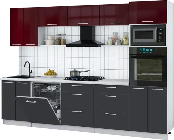 Изображение товара Кухонный гарнитур Interline Мила Gloss 3.0-ПМ1 (пепел/бордовый глянец/серый каспий)