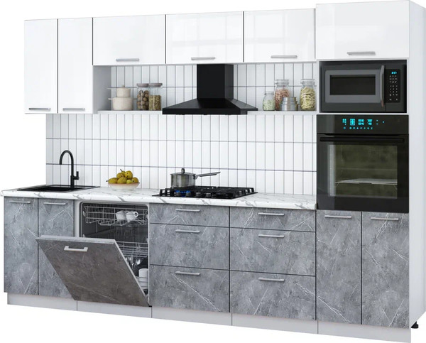 Изображение товара Кухонный гарнитур Интерлиния Мила Gloss 3.0-ПМ1 (керамика/белый глянец/белый гранит)