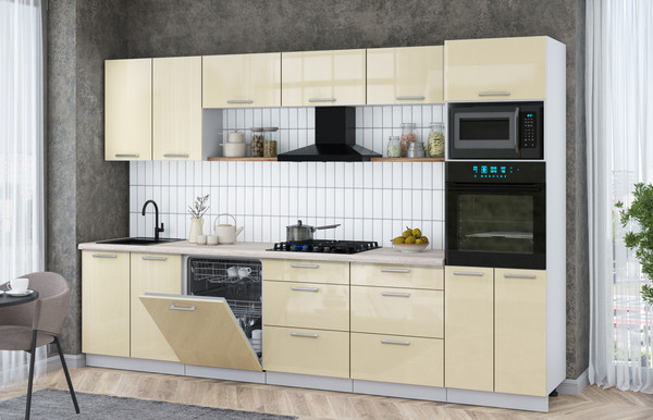 Изображение товара Кухонный гарнитур Интерлиния Мила Gloss 3.2-ПМ1 (ваниль глянец/ваниль глянец/травертин серый)