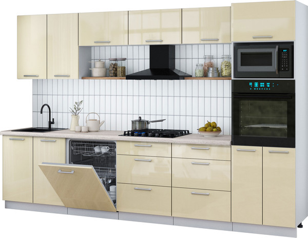 Изображение товара Кухонный гарнитур Интерлиния Мила Gloss 3.2-ПМ1 (ваниль глянец/ваниль глянец/травертин серый)