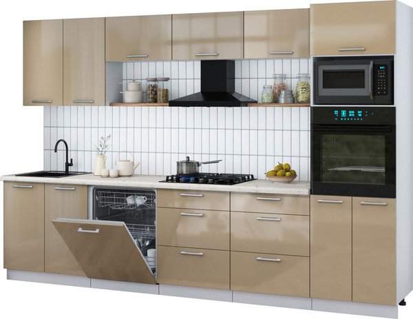 Изображение товара Кухонный гарнитур Интерлиния Мила Gloss 3.2-ПМ1 (капучино глянец/капучино глянец/бискайская сосна)