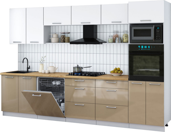 Изображение товара Кухонный гарнитур Интерлиния Мила Gloss 3.2-ПМ1 (капучино глянец/белый/дуб бунратти)