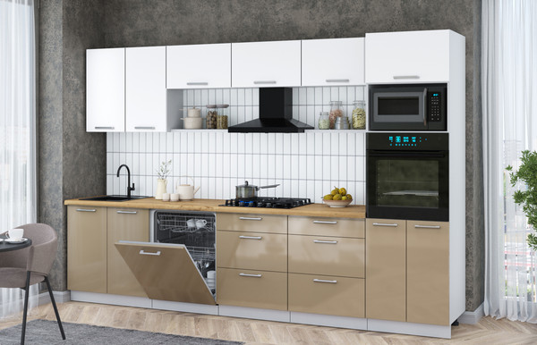 Изображение товара Кухонный гарнитур Интерлиния Мила Gloss 3.2-ПМ1 (капучино глянец/белый/дуб бунратти)