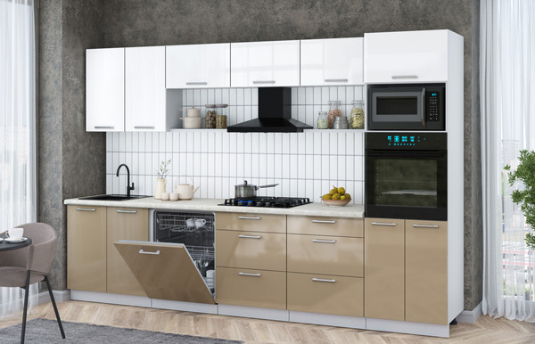 Изображение товара Кухонный гарнитур Интерлиния Мила Gloss 3.2-ПМ1 (капучино глянец/белый глянец/опал светлый)