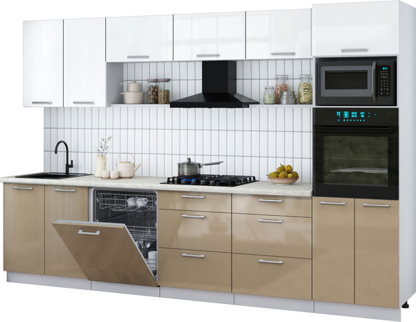 Изображение товара Кухонный гарнитур Интерлиния Мила Gloss 3.2-ПМ1 (капучино глянец/белый глянец/опал светлый)