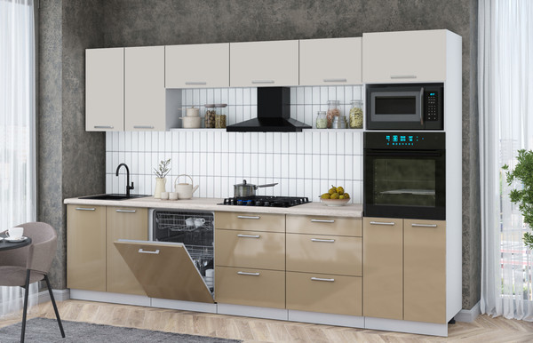 Изображение товара Кухонный гарнитур Интерлиния Мила Gloss 3.2-ПМ1 (капучино глянец/кашемир/травертин серый)